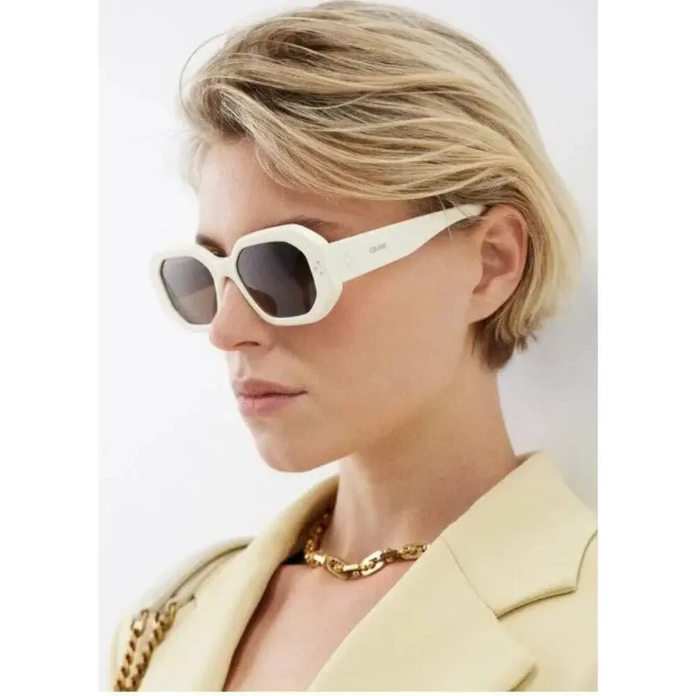 CELINE Unisex Square Oval Sunglasses White Ivory Dark Brown Lense CL40255I 25E